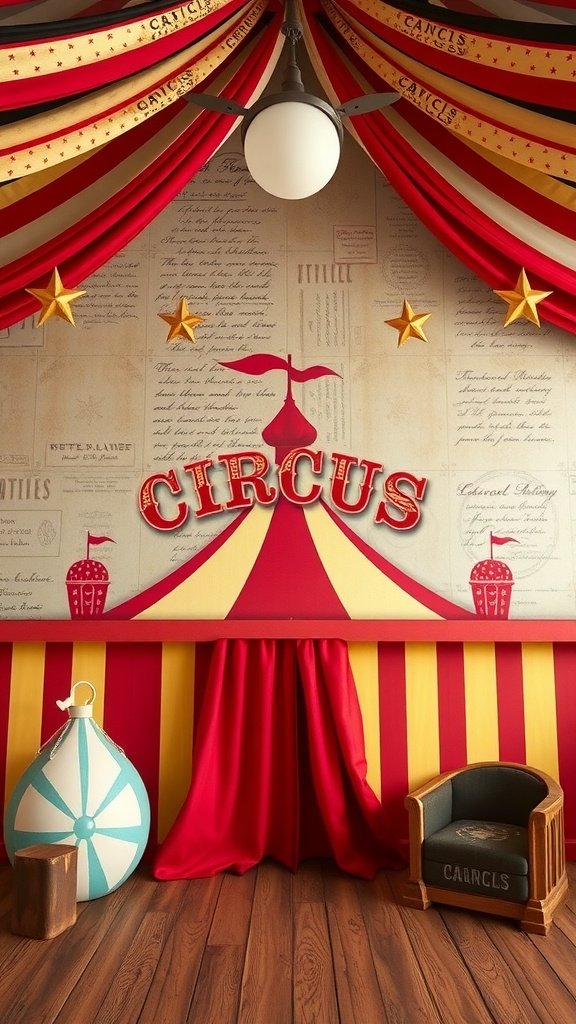 A vibrant vintage circus-themed background with bold typography and colorful decorations.