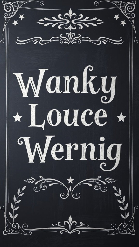 Chalkboard style lettering featuring the words 'Wanky Louce Wernig' with decorative elements.