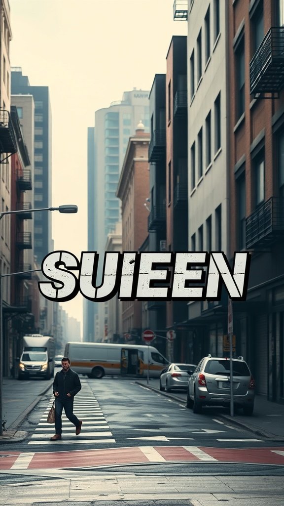 Urban street scene with bold font overlay