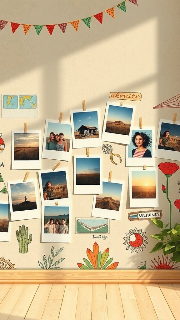 A vintage Polaroid collage with photos and colorful doodles on a wall.