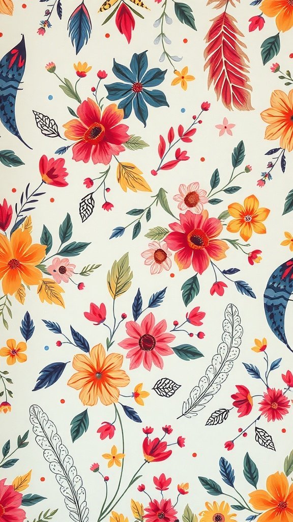 Colorful floral bohemian wallpaper featuring various flowers and leaves.