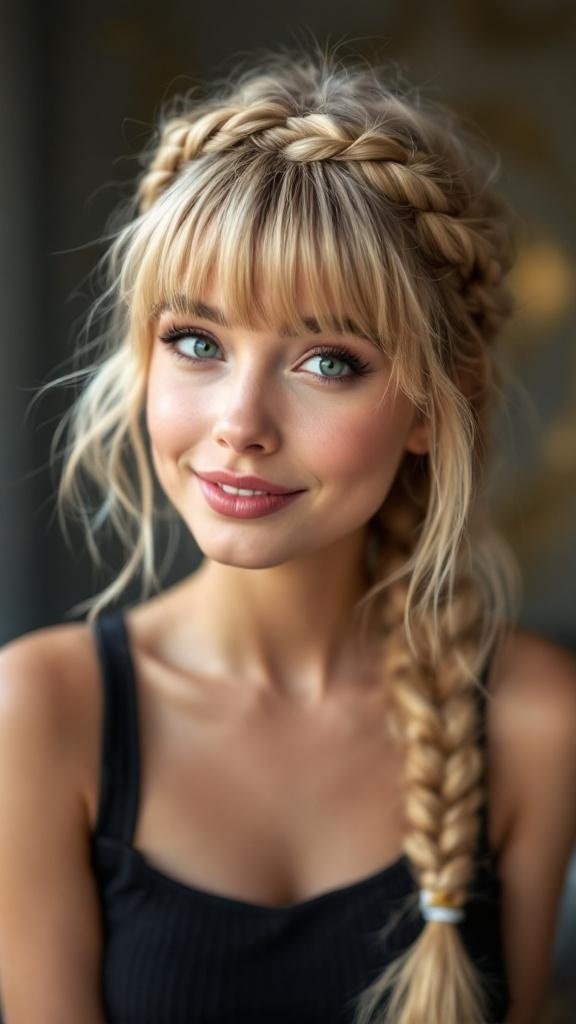 A young woman with a crown braid hairstyle and bangs, smiling at the camera.