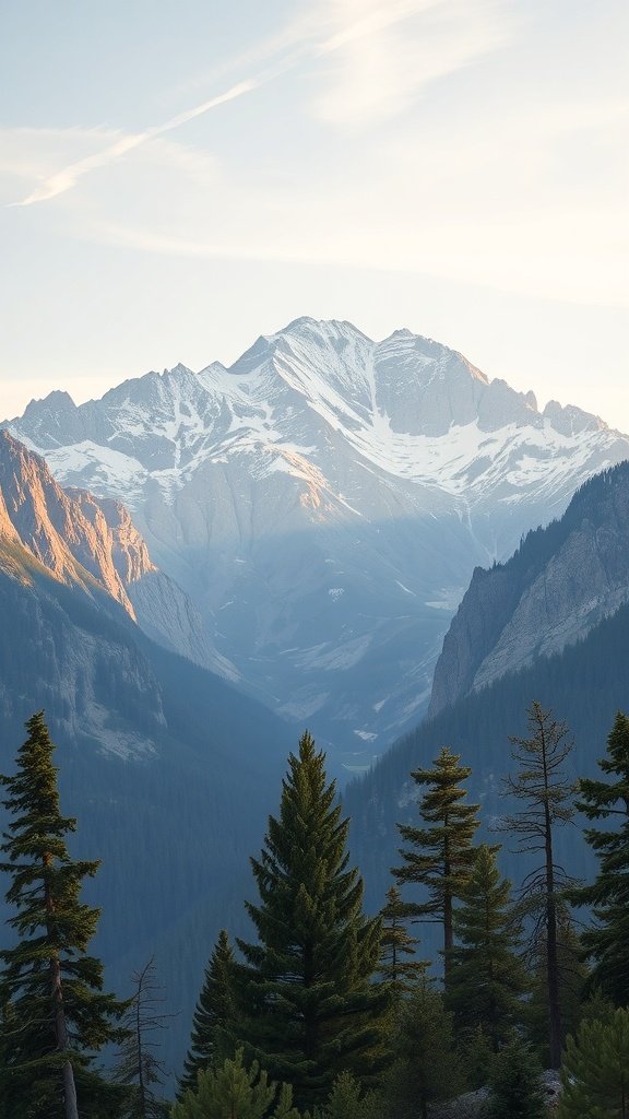 A beautiful mountain landscape with trees in the foreground and snow-capped peaks in the background.