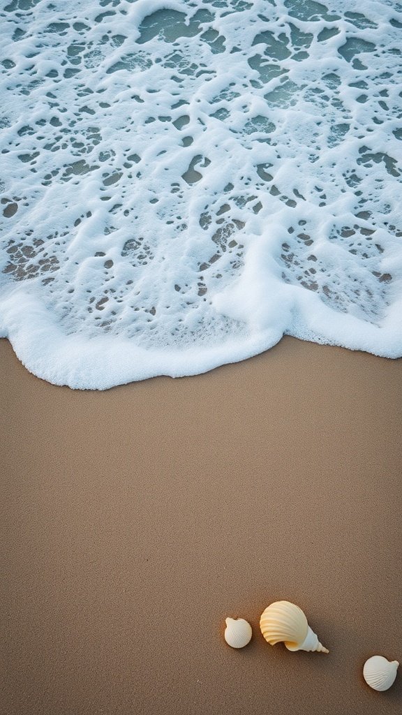 Ocean waves gently crashing on the shore with shells on the sand.