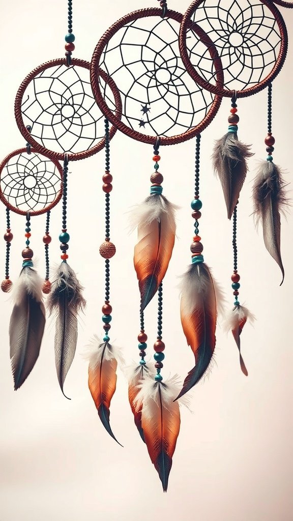 A collection of dreamcatchers with feathers and beads hanging against a soft background.