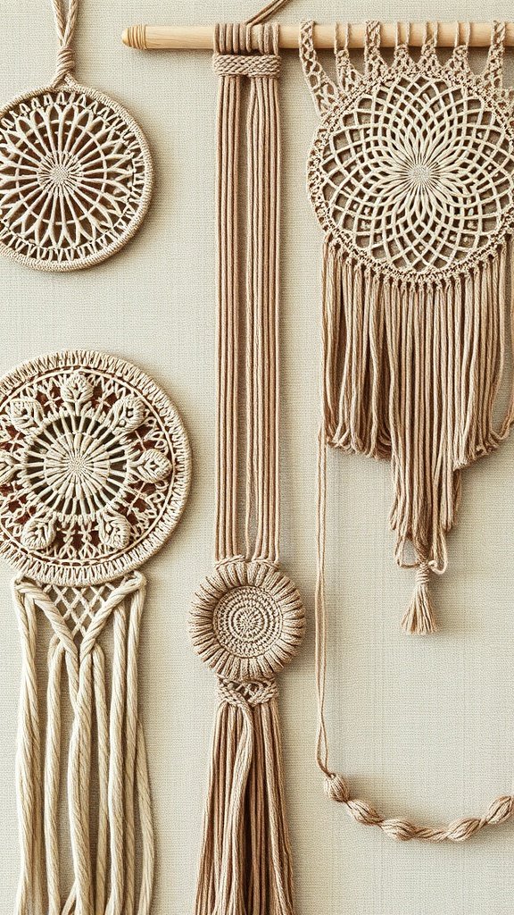 A collection of macrame wall hangings featuring intricate designs and textures.