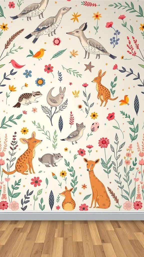 Colorful wallpaper featuring whimsical animal illustrations and flowers.