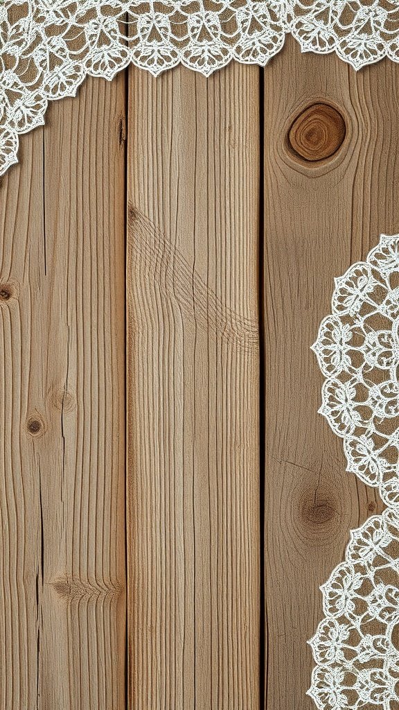 Rustic wooden background with lace trim.