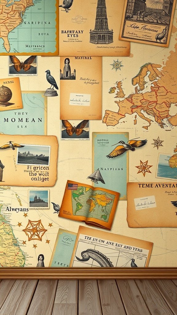 A collage of vintage travel-themed items including maps, postcards, and illustrations.