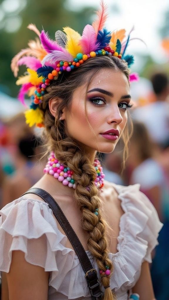 A woman with a braided crown hairstyle adorned with colorful feathers and beads, set against a festival backdrop.