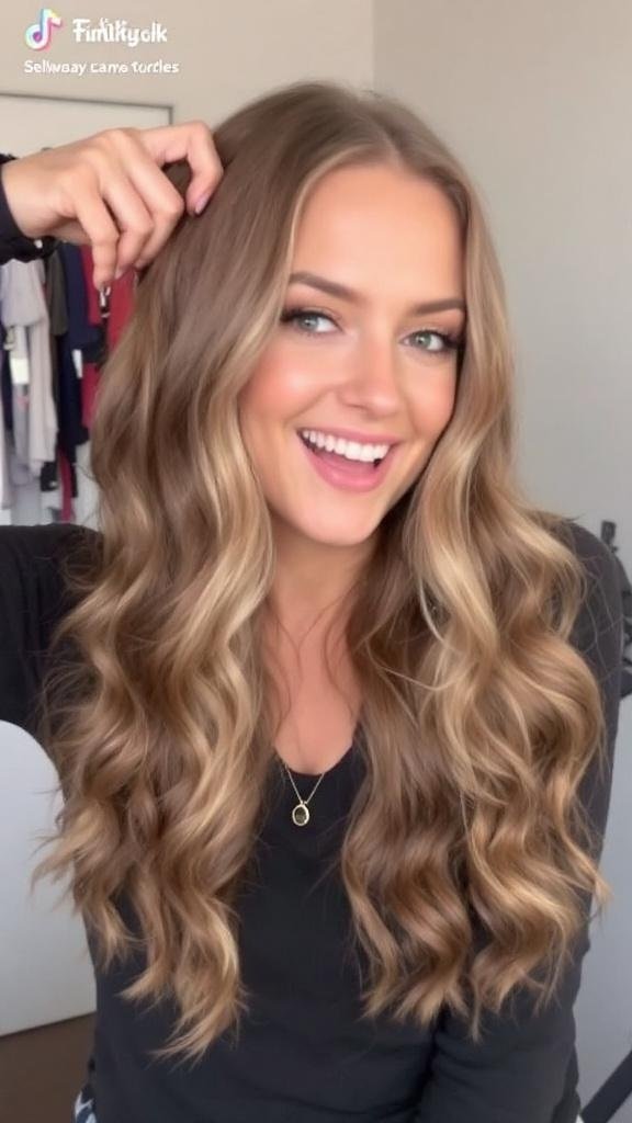 A person with colorful rag rollers in their long hair, showcasing the heatless curling technique.