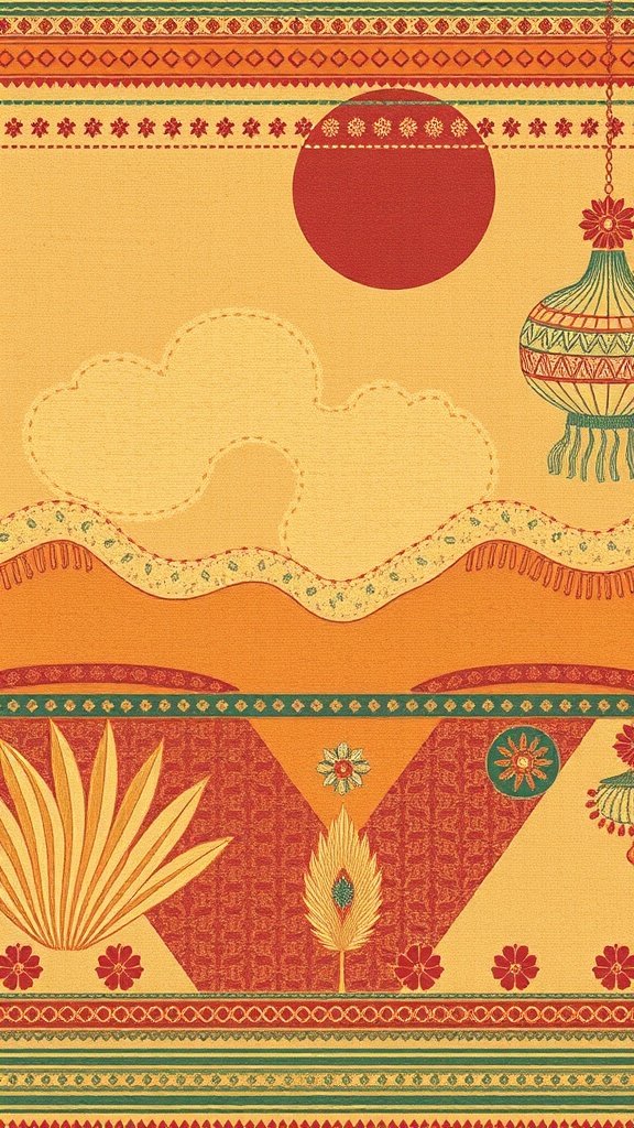 Colorful boho wallpaper featuring earthy tones and patterns