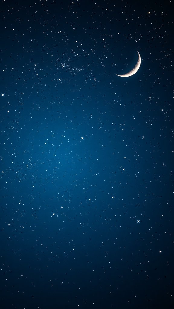 A starry night sky with a crescent moon and twinkling stars.