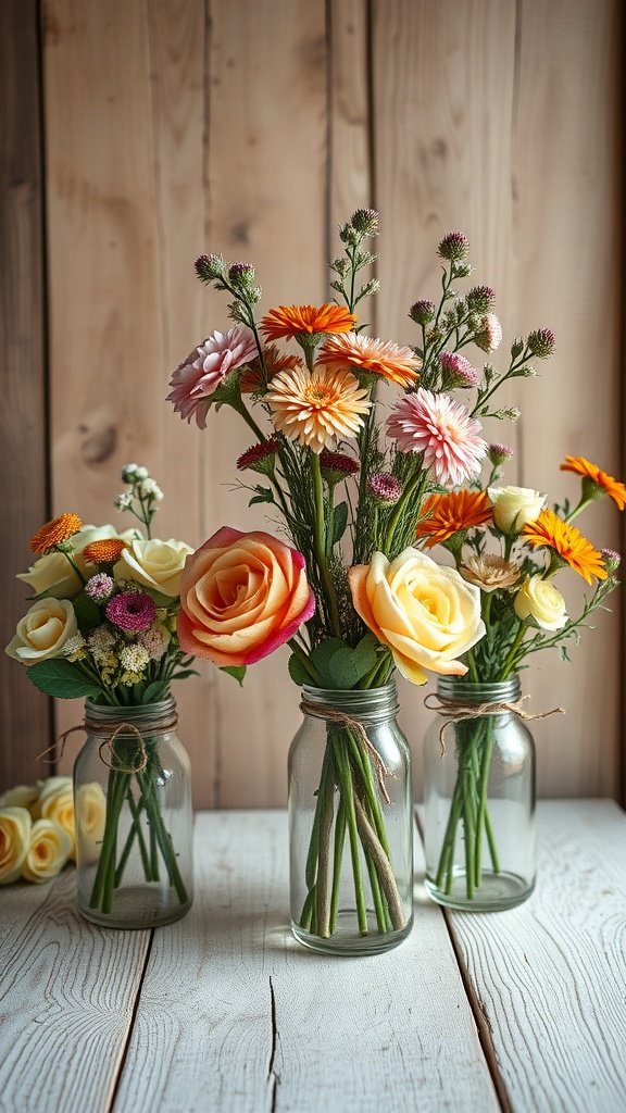A collection of colorful flowers in glass jars on a wooden table.