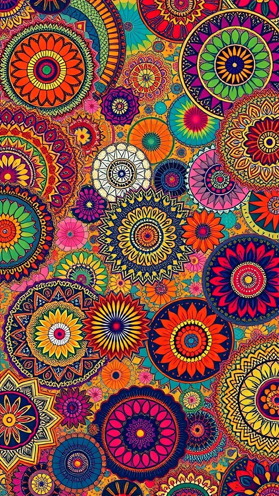 A vibrant and colorful mandala design featuring various intricate patterns and shapes.