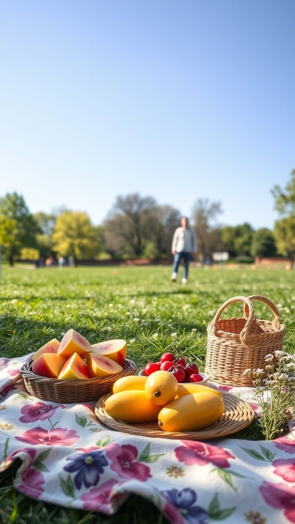 A picnic setup featuring fresh fruits on a floral blanket in a sunny park.