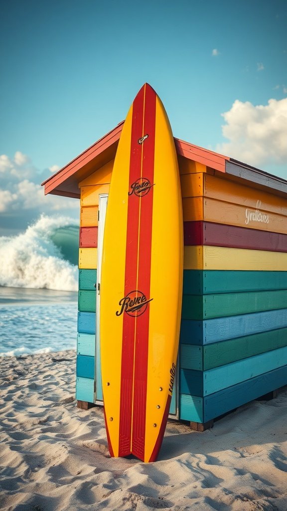 A yellow surfboard with red stripes leaning against a colorful beach hut on a sandy beach.