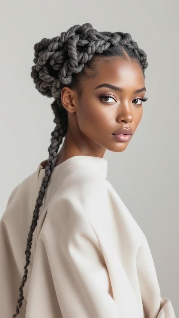 A model showcasing a knotted braided crown hairstyle with a long braid.