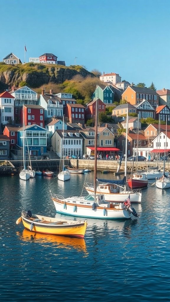 A picturesque coastal town with colorful houses and boats in the water.