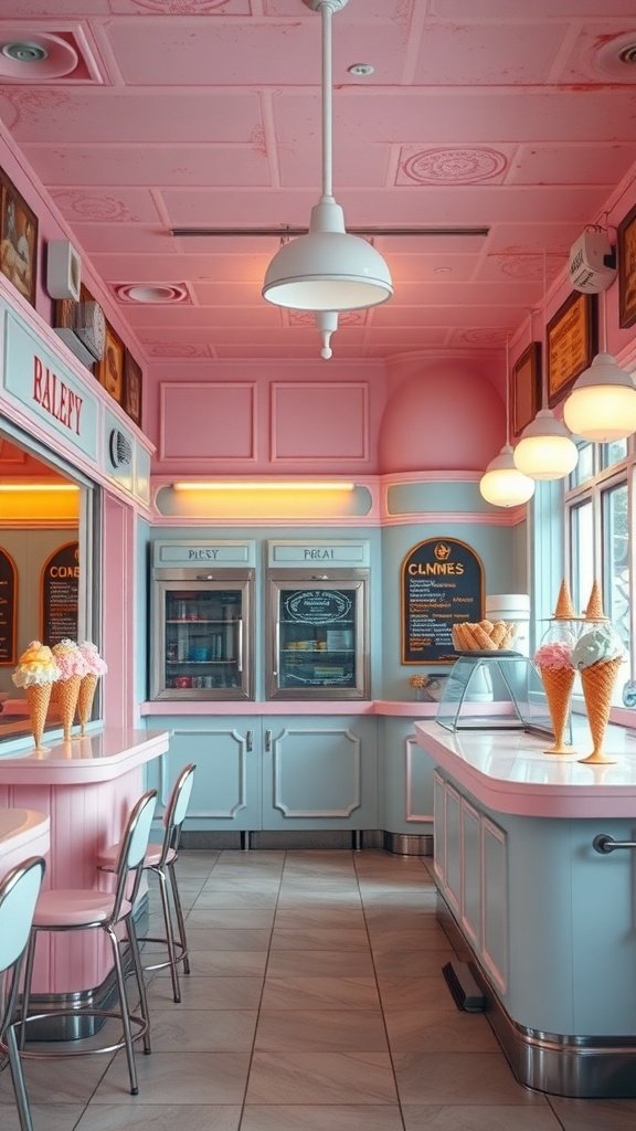 Interior of a vintage ice cream parlor with pastel colors and ice cream cones.