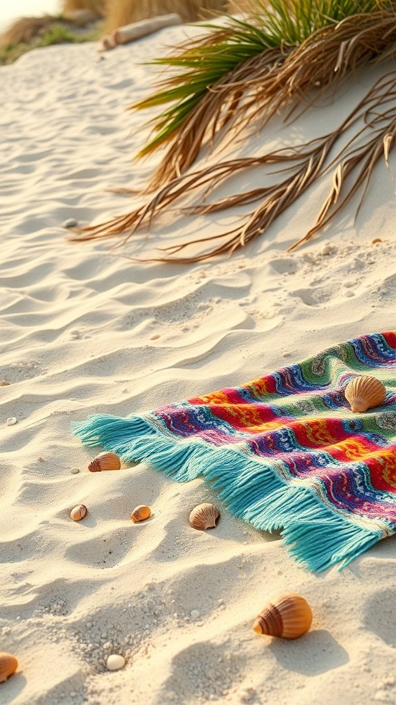 A colorful blanket on the beach surrounded by seashells.