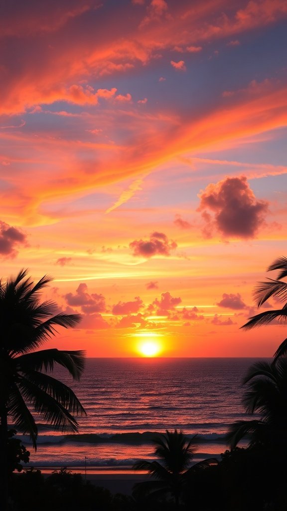 A stunning tropical sunset with vibrant colors and palm trees.
