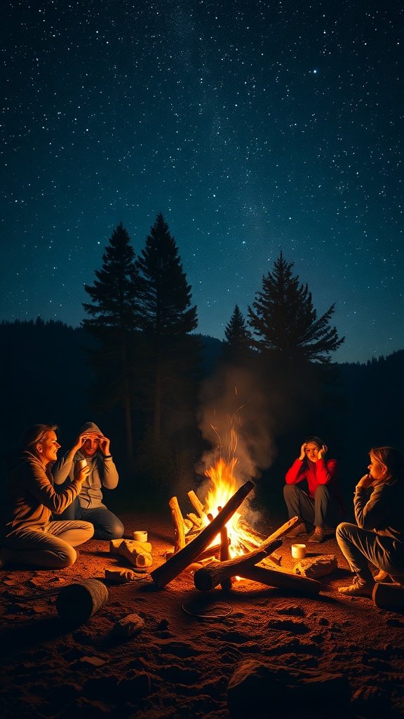 A group of friends sitting around a campfire at night, surrounded by trees and a starry sky.