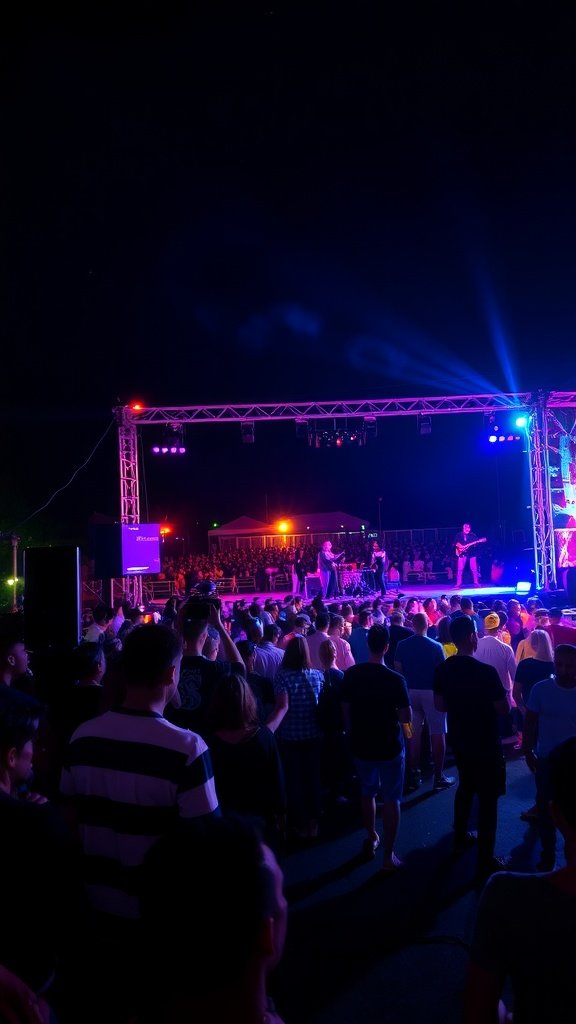 A lively music festival scene with a crowd enjoying a performance under colorful lights.