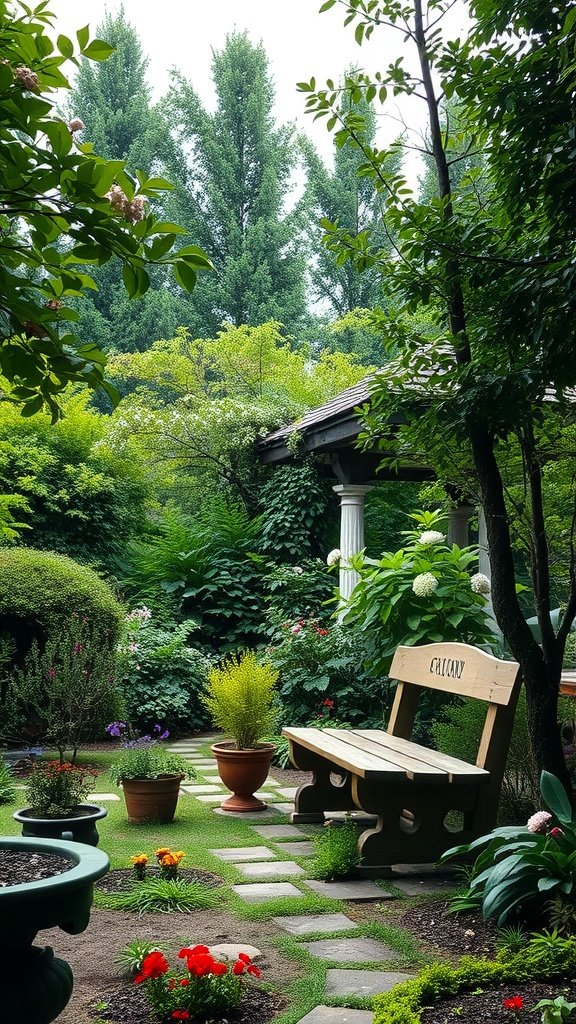 A serene garden with lush greenery, a wooden bench, and colorful flowers.