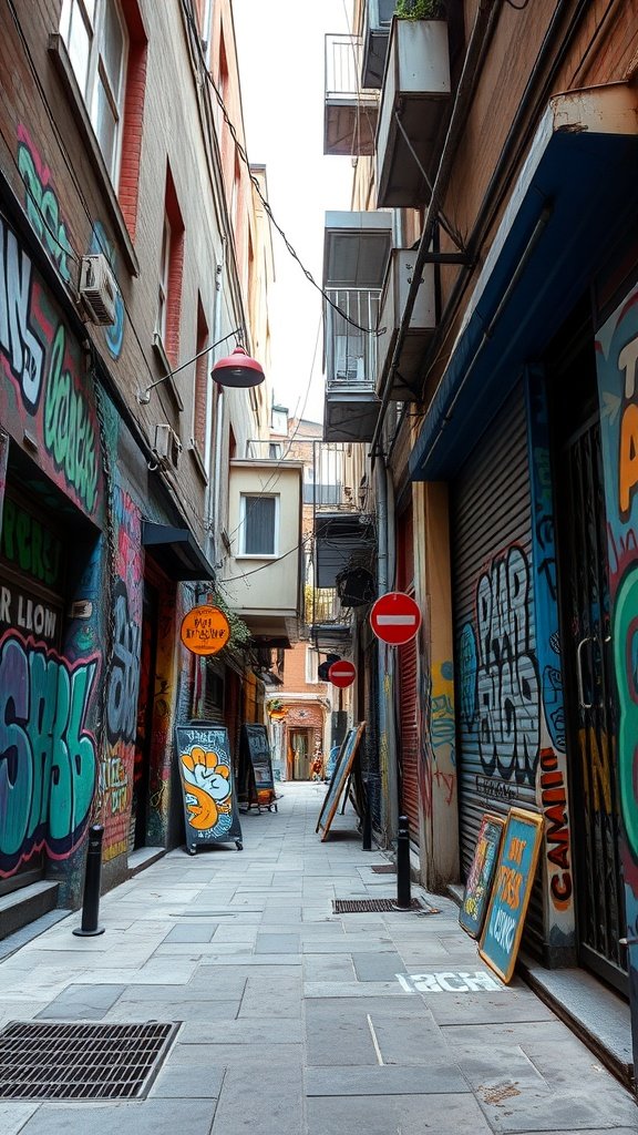 A vibrant graffiti alley with colorful murals and street signs.