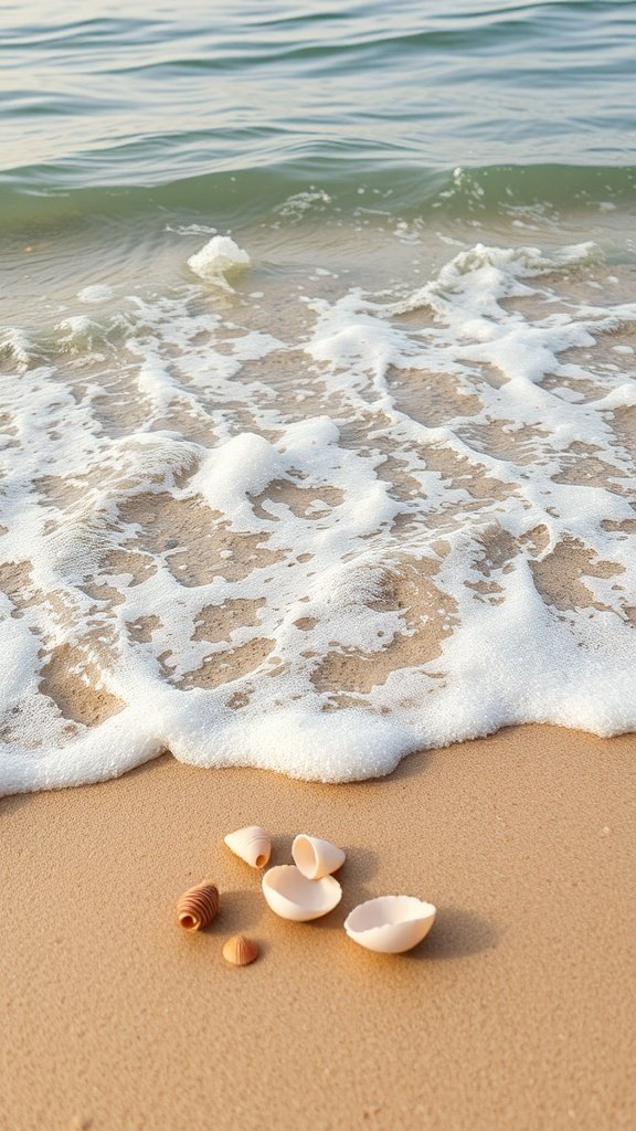 Ocean waves gently washing over a sandy beach with seashells scattered on the shore.
