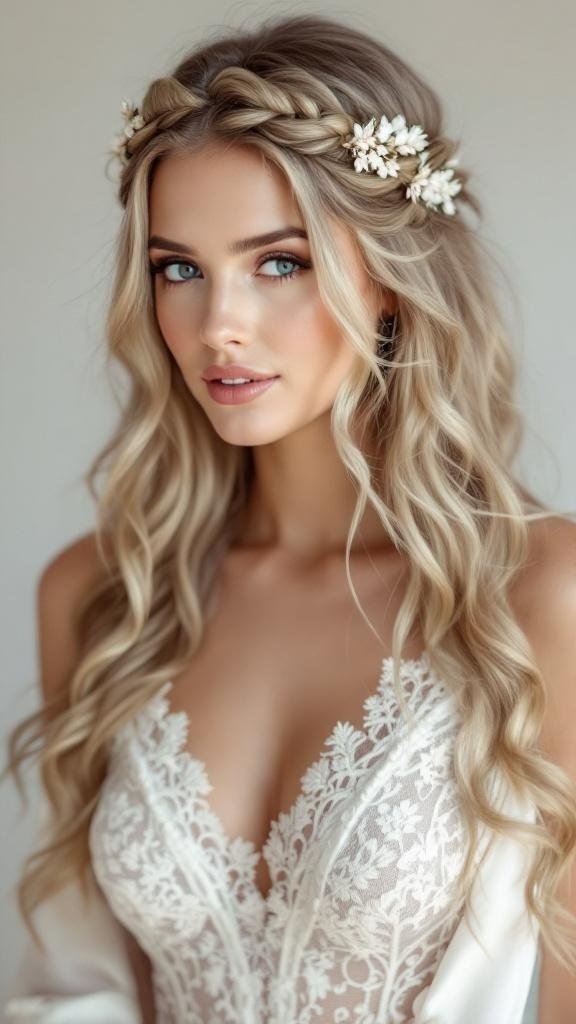 A woman with a braided crown hairstyle and loose waves, adorned with floral accents.
