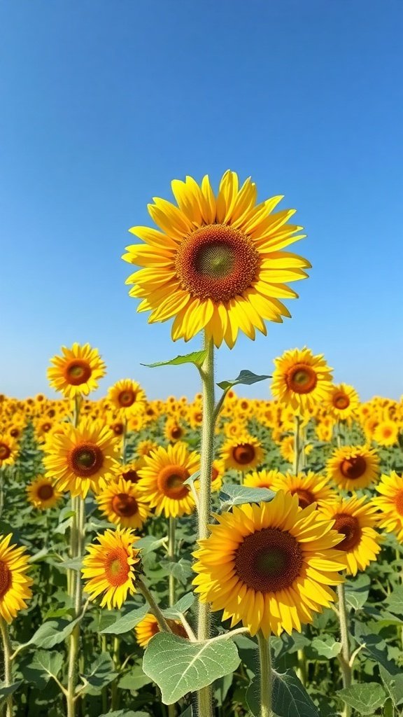 A vibrant sunflower field under a clear blue sky.