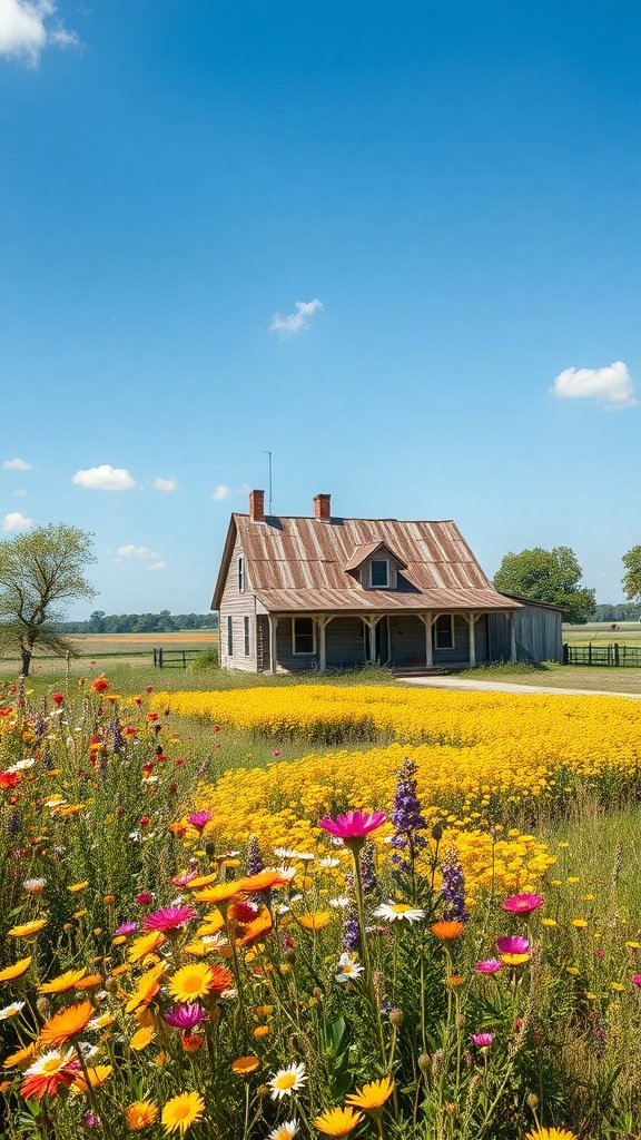 A rustic farmhouse with a weathered roof, surrounded by colorful wildflowers under a bright blue sky.