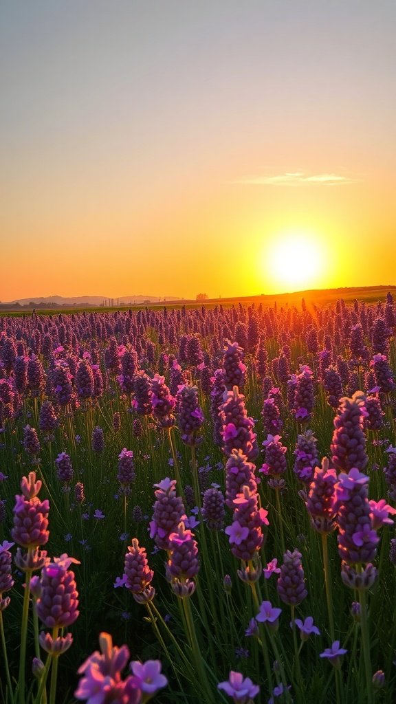 A beautiful sunset over a field of lavender flowers.
