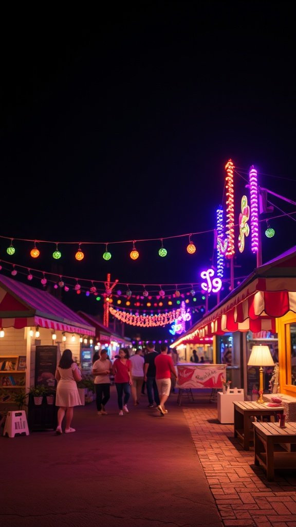 Colorful festival lights illuminating a lively street with people walking.