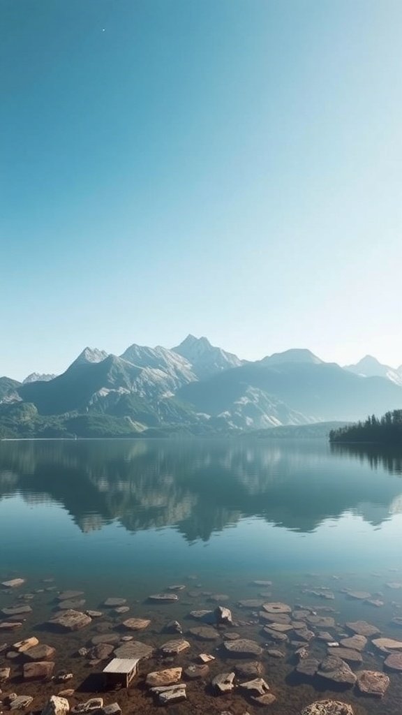 A serene mountain lake with clear reflections of the surrounding peaks and a blue sky.