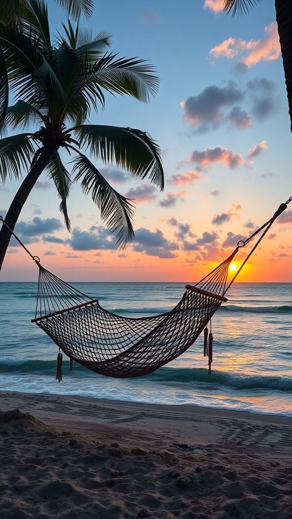 A hammock hanging between palm trees at sunset by the beach.