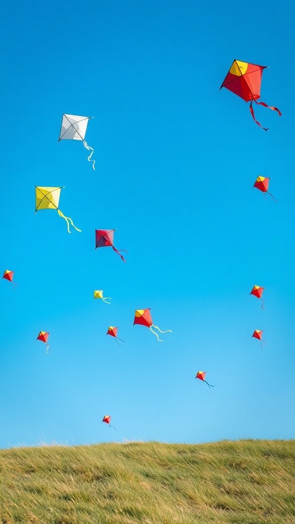 Colorful kites flying against a clear blue sky.