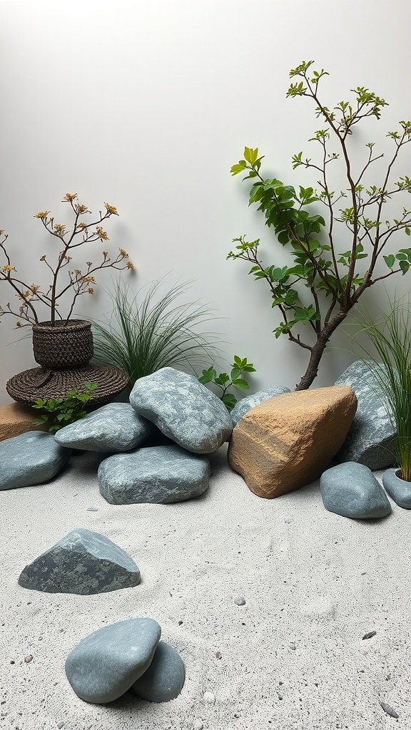 A serene zen garden featuring smooth stones and greenery.
