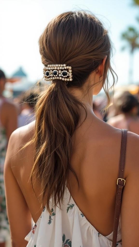 A woman with long hair styled in a sleek low ponytail, adorned with a decorative clip, enjoying a festival.