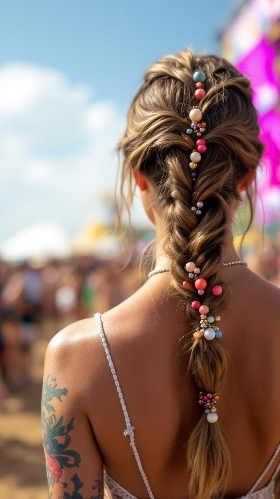 A fishtail braid adorned with colorful beads, showcasing a stylish festival hairstyle.