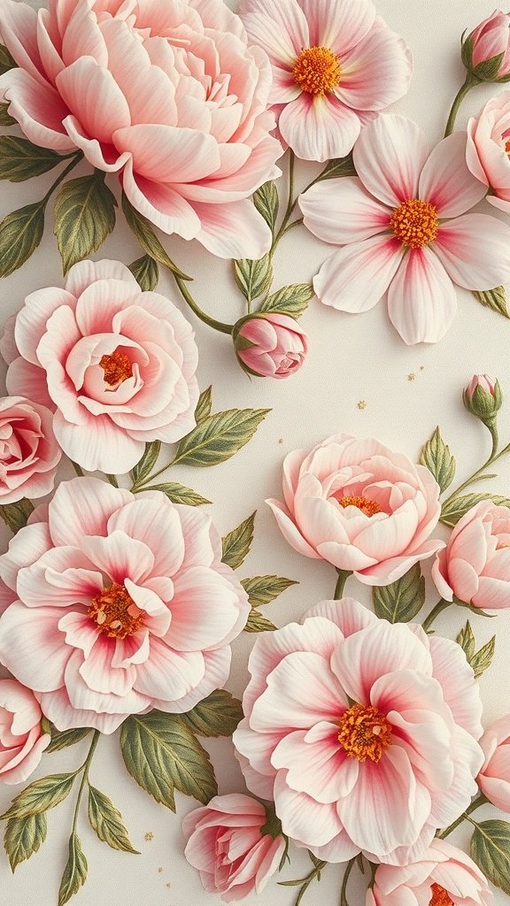 Vintage floral wallpaper featuring soft pink flowers and gold highlights.