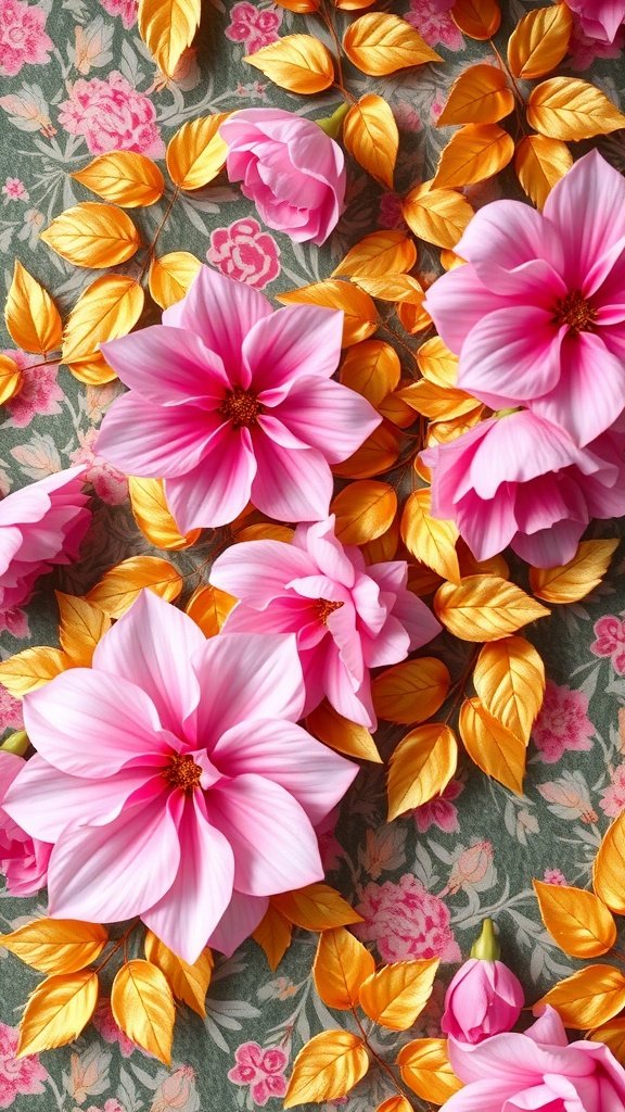 A beautiful arrangement of pink flowers and golden leaves on a floral background.