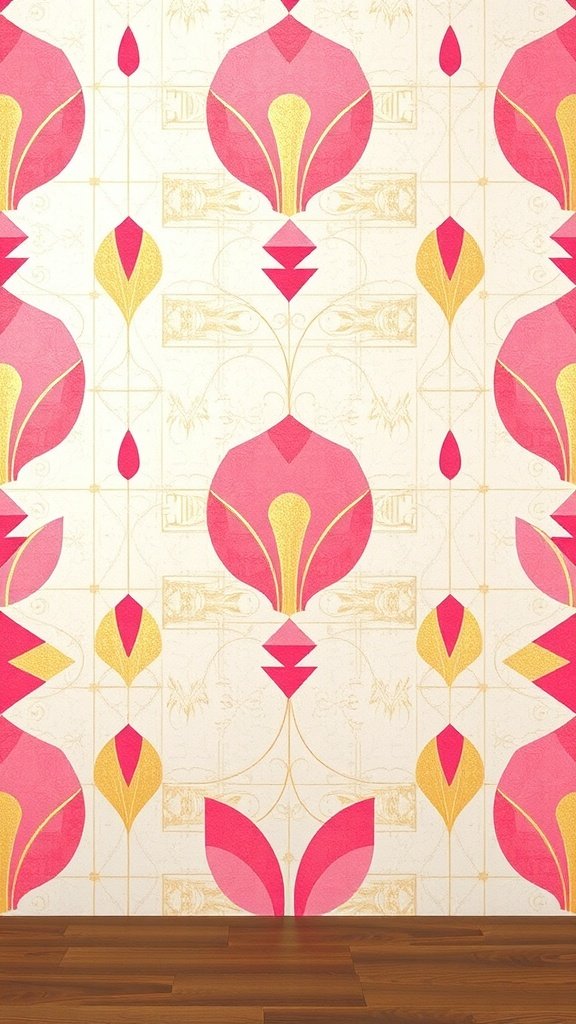 Art Deco wallpaper featuring pink and gold floral patterns