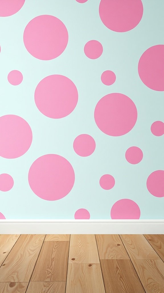 Retro pink polka dot wallpaper on a light blue background with wooden flooring.