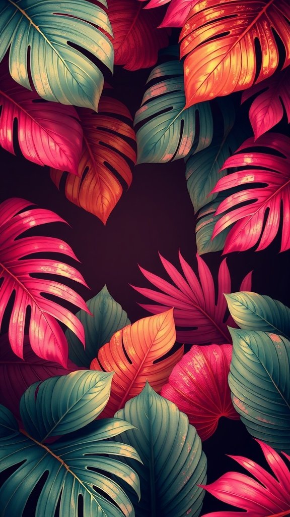Vibrant pink and gold tropical leaves wallpaper