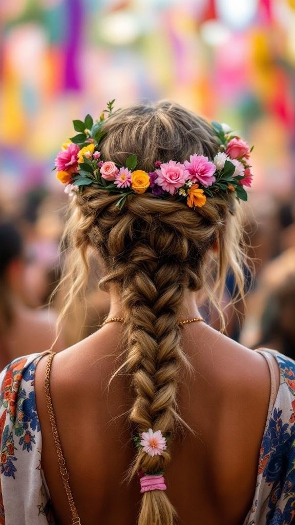 A woman with long hair styled in a braided crown adorned with colorful flowers.