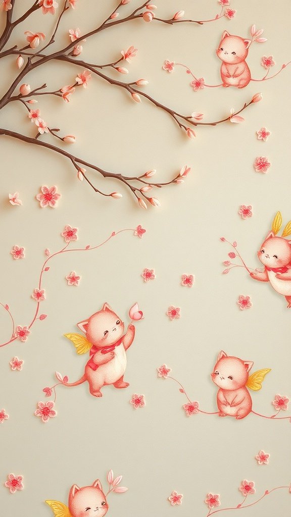 Whimsical creatures among cherry blossoms on a pink and gold wallpaper