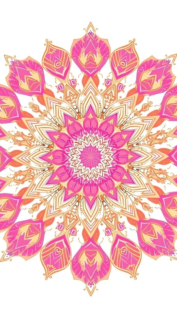 A colorful mandala design featuring pink and gold elements.